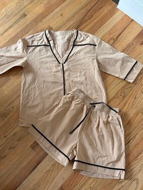 Beige Two-Piece Lounge Set with Black Piping